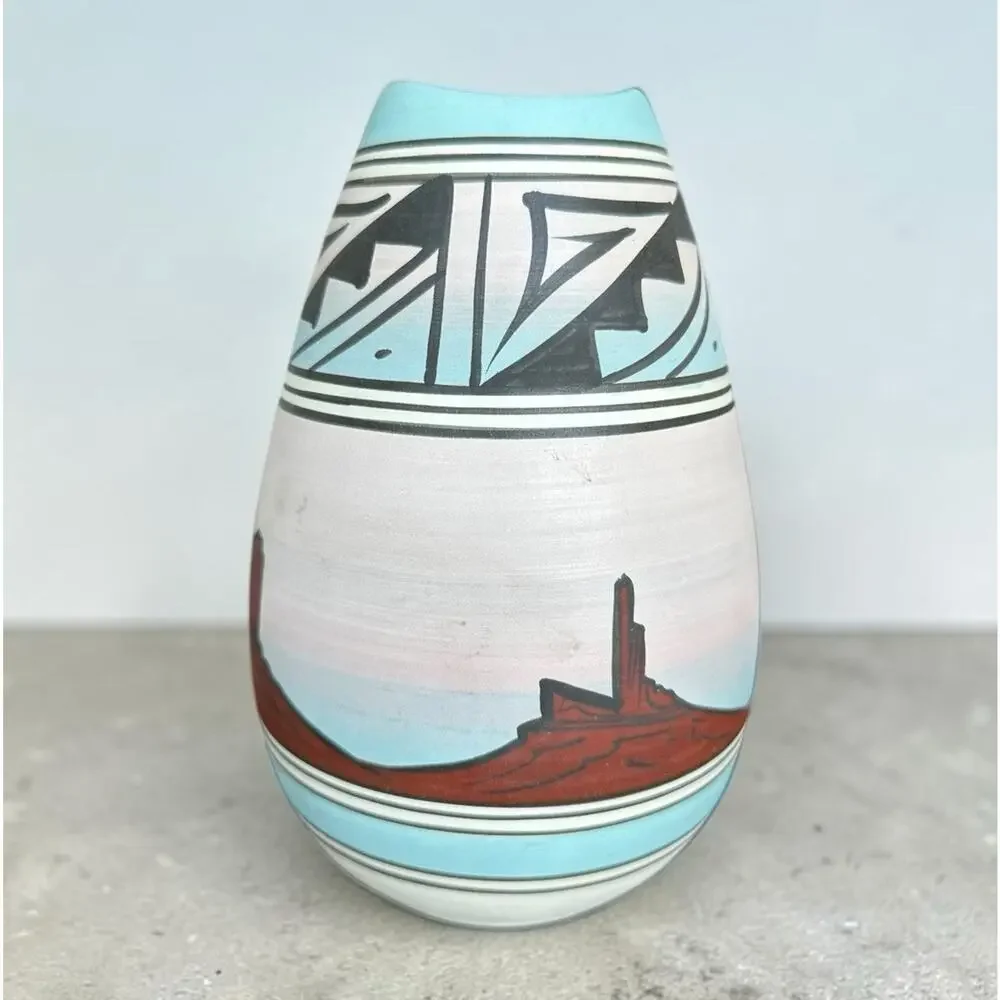 Native American Pottery Vase Jaylee Navajo Dine Hand Painted Signed Decor 8”